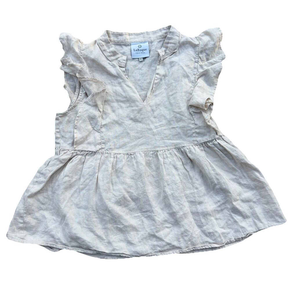 LaRoque Ruffle 100% Linen Blouse Womens Sz M Beige Coastal Lagenlook Minimalist
